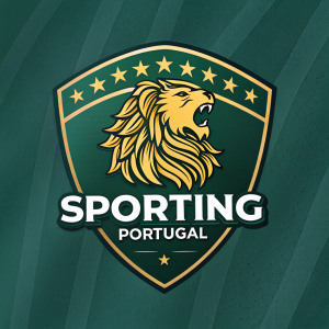 Digital illustration of Sporting Clube de Portugal's logo. Modern shield design with a lion-like creature in gold at the center. Bold, sport-themed font for 'Sporting Portugal'.