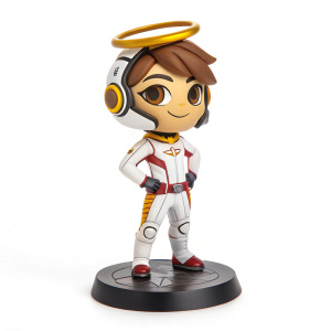 Designing a playful Overwatch bobblehead. Character in a vibrant white suit, golden halo, and an assured posture. Dark, compact base.