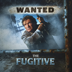 Vintage movie poster for 'The Fugitive'. Photo of Richard Kimble with wanted text. Classic crime drama visuals, gritty texture background
