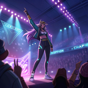 KDA's Irelia, the champion, standing in a vibrant neon-lit arena. Surrounded by cheering fans and flashy stage lights.