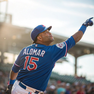 Sandy Alomar Jr., baseball player, striking a powerful pose. Wearing a blue jersey with large 'ALOMAR' and number '15'. Background blurred, with spectators visible. Daytime, sun shining.