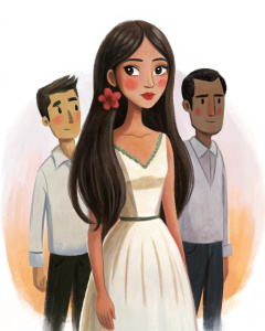 mujer mexicana con vestido blanco y pelo castaño oscuro, enamorada de dos hombres pero no se decide cual