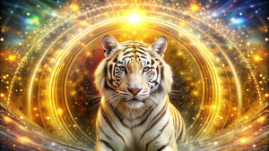 Fantastically sparkling spiritual gold and rainbow wallpaper depicting a white tiger that brings good luck and a mysterious magic circle