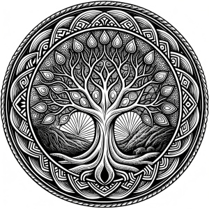 Nordic yggdrasil –  high-definition design grey and black, realistic tattoo design, white background