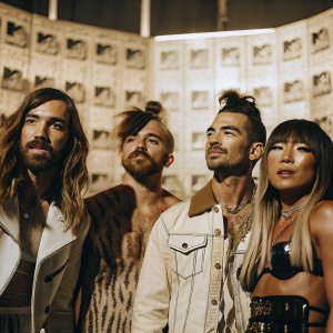 Jack Lawless, Cole Whittle, Joe Jonas, and JinJoo Lee of DNCE at the MTV Video Music Awards. Each member in unique outfits, posing with distinct expressions against a backdrop filled with intricate MTV logos.