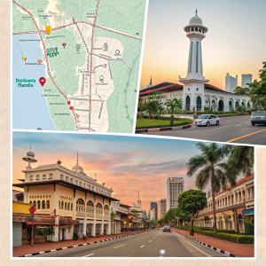 A detailed map and photo montage of Kota Bharu, Kelantan, Malaysia. Depicts urban architecture, streets, and key landmarks in soft colors with occasional vibrant highlights.