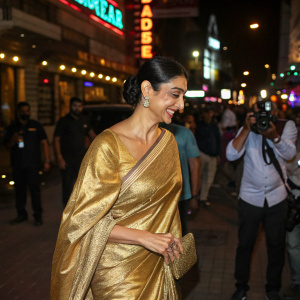 Tabu, adorned in a lavish gold saree, graces the bustling streets of Mumbai. The vibrant city lights illuminate her face, showcasing her charismatic smile and jet-black hair tied in a sleek bun. She walks with a purpose, attracting the attention of passersby and photographers alike.