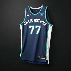 A digital illustration of a Dallas Mavericks basketball jersey with the number 77. Set against a solid black background.