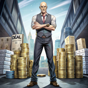 vintage style in the cartoon style of Manhwa (The Breaker), make tall full body "Bryon the Deal Whisperer" as young bald handsome cocky smile, Casual clothes with a stack of cash, a hidden camera, and a deceptive smile, standing on metal floor, white background
