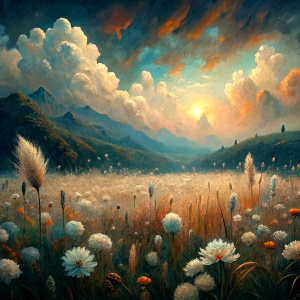 Vintage Old, Soft Colors, Oil Painting, Field Wheat, Landscape Small White Wild Flowers, Mountains, Sky and Clouds. Photo Realistic