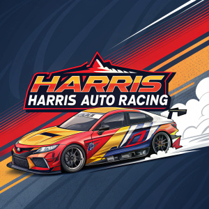 A vibrant digital artwork featuring the Harris Auto Racing logo. The illustration showcases a sleek, stylized racing car with dynamic elements and a mix of bold racing colors. The car is prominently featured alongside the team name and branding.