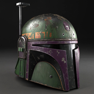 A highly detailed 3D render of Boba Fett's helmet. The helmet is black with green and purple metallic accents. It has a patina-like finish, making it look aged and worn.