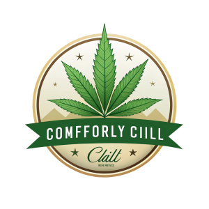 Minimalist marijuana logo, "Comfortably Chill" white background