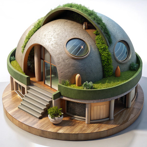 3D Render of a Sustainable Eco-Friendly Housing Project, on isolated white background.
