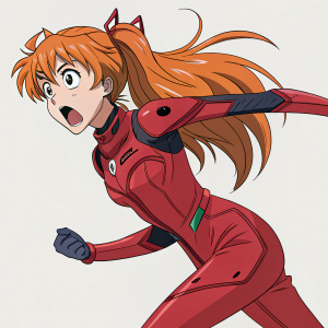 Asuka from Neon Genesis Evangelion series, caught mid-action. Surprised face, hair orange, tight red bodysuit. Static background