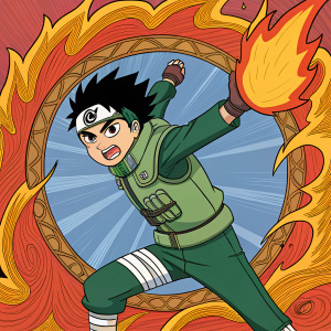 A colorful manga panel featuring Rock Lee in a dynamic pose, engulfed in fiery energy effects. He is framed by an intricate, flame-like emblem
