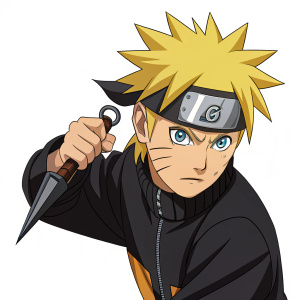 Illustration of Naruto Uzumaki, intense expression. Yellow spiky hair, holding kunai. Dark outfit, white background.