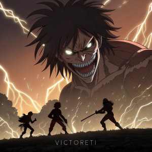 In the series My Hero Academia, a fierce antagonist with jagged teeth and disheveled hair dominates the scene. Silhouetted heroes below, fighting back. Intense lighting and dramatic shadows. The name 'Victoreti' at the bottom