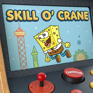 Arcade-style game interface featuring SpongeBob SquarePants. Title reads 'Skill O' Crane'. Continue button in the corner. Cartoonish graphics with game elements