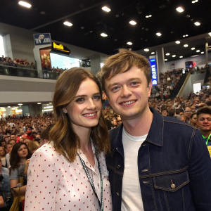 Anna Wood and Dane DeHaan at a comic-con event. Crowded convention center, enthusiastic fans in the background.
