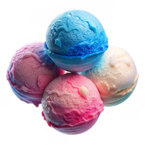 pink, blue and white ice cream balls, white background, photo
