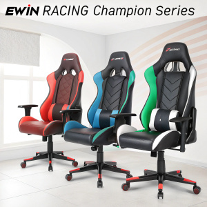 Promotional image for Ewin Racing's champion series gaming chairs. Highlighting the discount code for special offer.