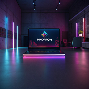 Innoprom logo on futuristic digital screen. Dimly lit room with soft neon lights