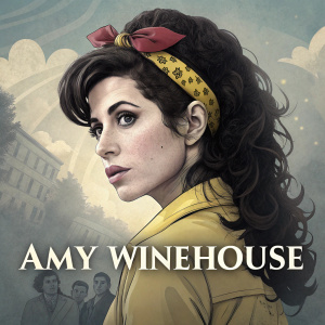 Movie poster. Front view of Amy Winehouse. Sad face with iconic beehive hairstyle. Text below announcing biopic release details.