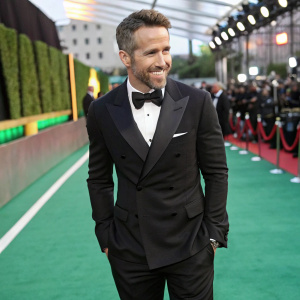 Ryan Reynolds, in a sleek black tuxedo, standing on a vibrant green carpet at the Oscars.