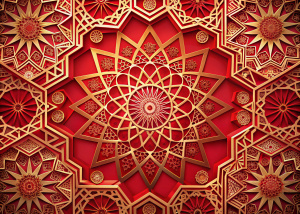 Vibrant red backdrop featuring intricate geometric shapes and patterns surrounding a central white space, creating a striking visual contrast and modern design element.