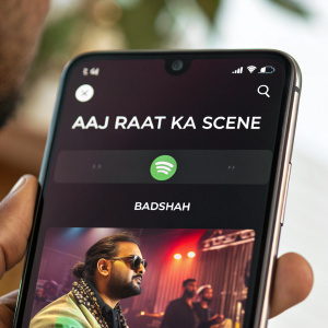 A close-up screenshot of a smartphone interface. Spotify app playing 'Aaj Raat Ka Scene' by Badshah.