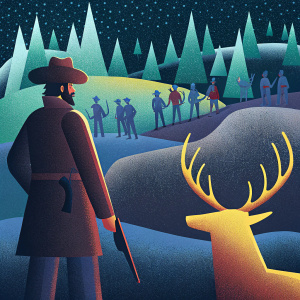 Promotional artwork for Red Dead Redemption II. Arthur Morgan, male protagonist, with a resolute expression. Set in a dramatic, stylized wilderness. Featuring a golden stag and a group of characters.