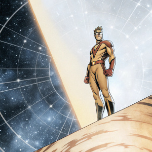 Dynamic panel from the comic series Crisis. Wally West in heroic pose against cosmic background.