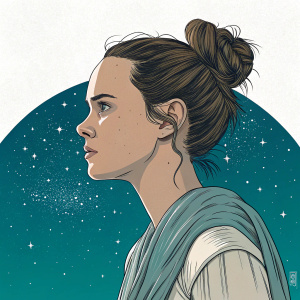Digital illustration of Rey from Star Wars, standing against a night sky with stars. She has a focused expression, messy bun hairstyle. The background has a hint of teal, emphasizing the contours of her face and the texture of her hair. Muted color palette with teal accents