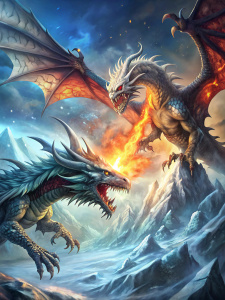 dragón de hielo FURIOSO, con alas, atacando con aliento de hielo por la boca a un dragón de fuego FURIOSO, con alas, atacando con aliento de fuego por la boca,  FONDO FANTASTICO