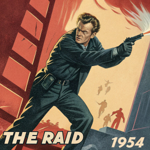 Vintage movie poster for The Raid (1954). Features intense action scene with Van Heflin. Bold colors and typography typical of the era.