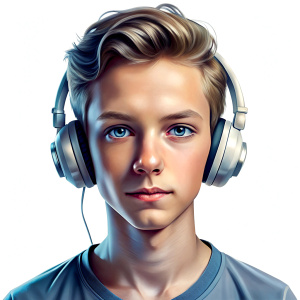 photo realism white background, teenager with headphones