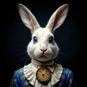 dark background alice in wonderland. whit rabit whis a big clock blue eyes