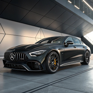High-tech render of a sleek black Mercedes-AMG GT 63 S 4MATIC. Futuristic design with sharp lines, distinct grille, and metallic shine. Digital art.