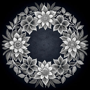 Openwork floral frame, white on black background, vector