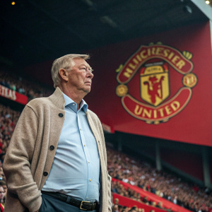 Former Manchester United manager Sir Alex Ferguson, sporting a serious expression, dressed in a light blue shirt and beige sweater, stands against a backdrop featuring the club's crest. A sea of fans stretches behind him at a stadium.