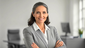 a confident Latin middle-aged businesswoman stands in her office with her arms crossed, looking directly at the camera for a portrait