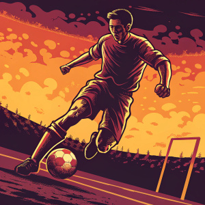 Robert Lewandowski, mid-jump, soccer field background. Dribbling a soccer ball, spectators blurred in the background