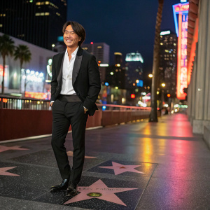 Jerry Yan, Chinese actor, on the Hollywood Walk of Fame. Black tuxedo, white shirt, formal shoes. Smiling. Background: colorful LA skyline