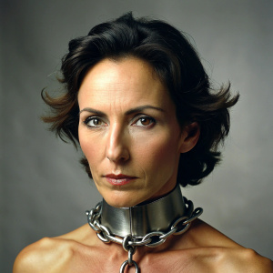 40 yo attractive brunette slave wearing solid padlocked metal collar 