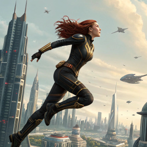 Female superhero, mid-jump, long red hair flowing. Wearing a black and gold spandex suit. Action scene set against the skyline of a bustling alien city, with spaceship and flying creatures in the background.