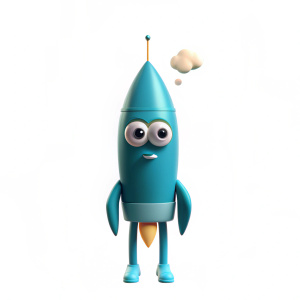 A cartoon rocket with legs and eyes and eyes thinks