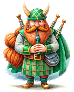 nice viking game dwarf, illustration, musician with a bagpipes, vintage cartoon effect, white background