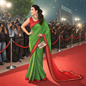 Catherine Tresa in a vibrant green and red saree at a Bollywood film premiere. Crowded red carpet, flashing cameras