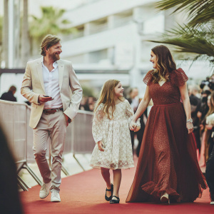 David Wenham, Eliza Jane Wenham, and Kate Agnew walking the vibrant green carpet at a film festival.